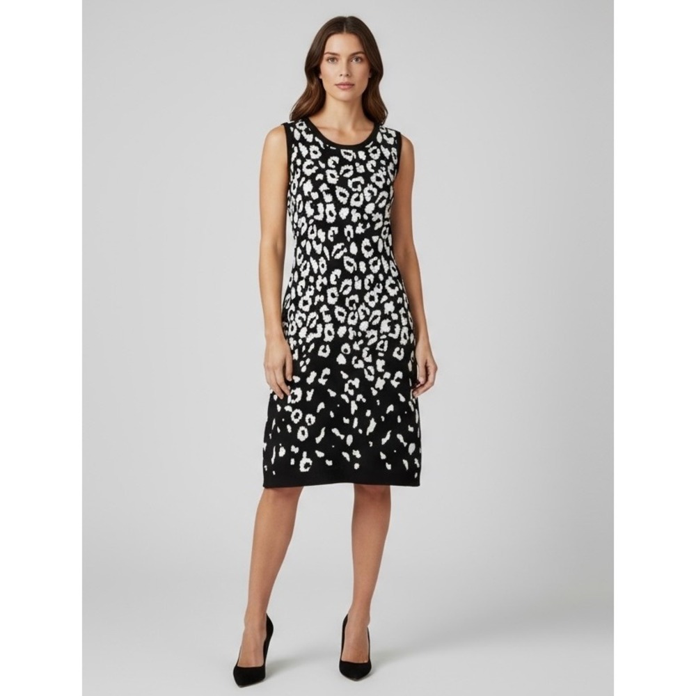 NINA LEONARD Medium Black White Leopard‎ Print Sleeveless Knit Midi Dress